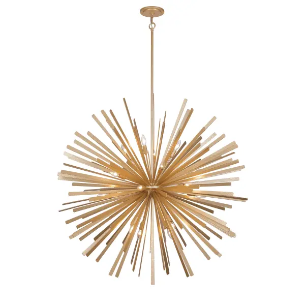 The Confluence pendant commands attention with 20 candelabra lights arranged in a dramatic 48-inch sphere. Hammered Piastra Gold finish adds artisanal texture while contemporary design ensures versatility in grand spaces. - alternate view