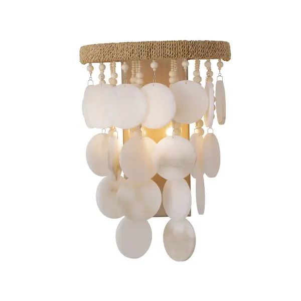 The Aurelia's Cove wall sconce brings beachy sophistication with its alabaster stone shade, decorative coco beads, and natural rope accents. The Autumn White finish creates a soft, organic aesthetic perfect for coastal or spa-like interiors.
