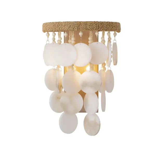 The Aurelia's Cove wall sconce brings beachy sophistication with its alabaster stone shade, decorative coco beads, and natural rope accents. The Autumn White finish creates a soft, organic aesthetic perfect for coastal or spa-like interiors. - alternate view