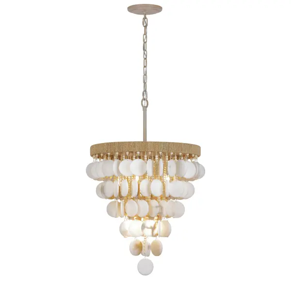 The Aurelia's Cove pendant brings beachy sophistication with its alabaster stone shades, natural coco bead accents, and rope detailing. Eight lights provide ample illumination while the Autumn White finish adds warmth to coastal and organic modern interiors.