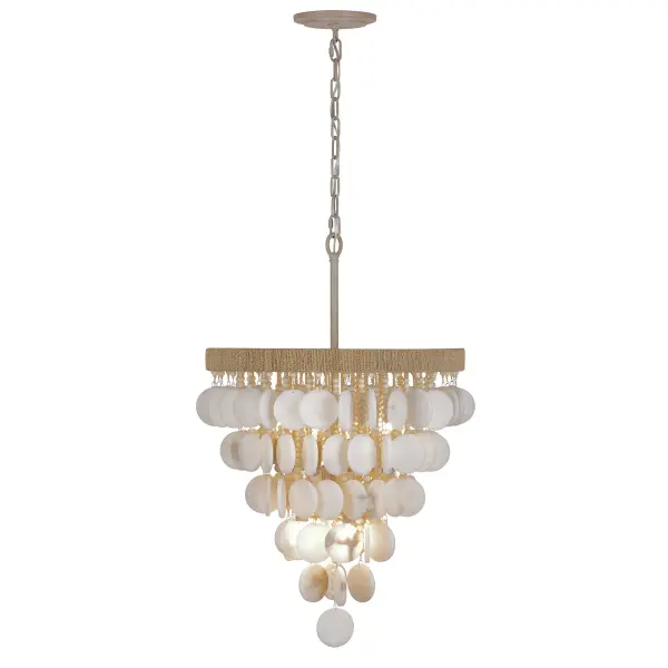 The Aurelia's Cove pendant brings beachy sophistication with its alabaster stone shades, natural coco bead accents, and rope detailing. Eight lights provide ample illumination while the Autumn White finish adds warmth to coastal and organic modern interiors. - alternate view