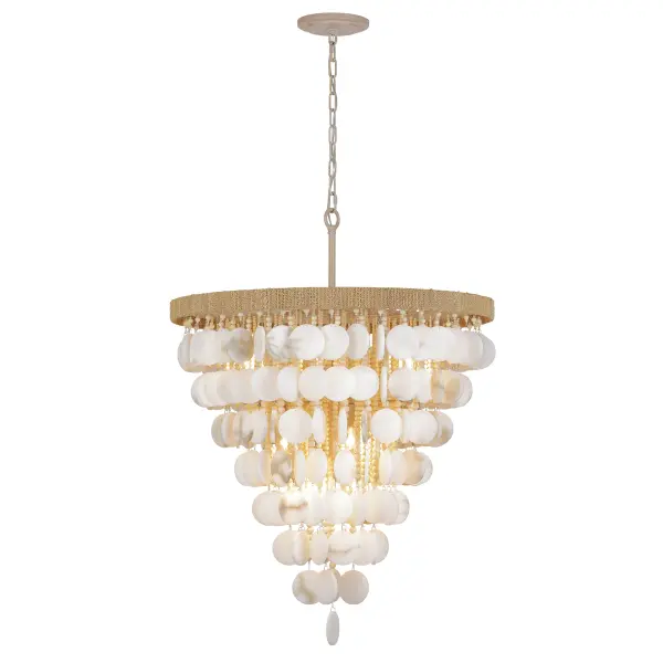 This stunning 12-light pendant combines natural alabaster stone with decorative coco beads and rope details, creating a sophisticated coastal aesthetic. The generous 28.5-inch diameter and Autumn White finish bring warmth and texture to large spaces.
