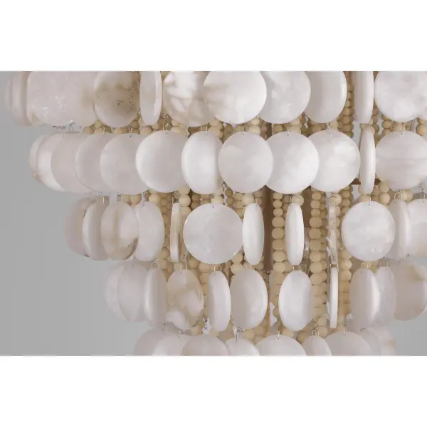 This stunning 12-light pendant combines natural alabaster stone with decorative coco beads and rope details, creating a sophisticated coastal aesthetic. The generous 28.5-inch diameter and Autumn White finish bring warmth and texture to large spaces. - alternate view