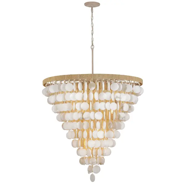 This oversized 15-light pendant combines alabaster stone, coco beads, and natural rope for a stunning coastal-inspired centerpiece. At 40 inches wide and over 55 inches tall, it commands attention in grand spaces.