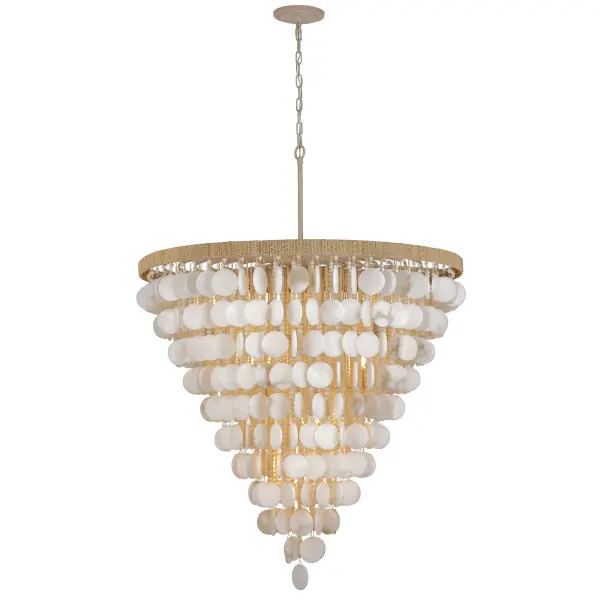 This oversized 15-light pendant combines alabaster stone, coco beads, and natural rope for a stunning coastal-inspired centerpiece. At 40 inches wide and over 55 inches tall, it commands attention in grand spaces. - alternate view