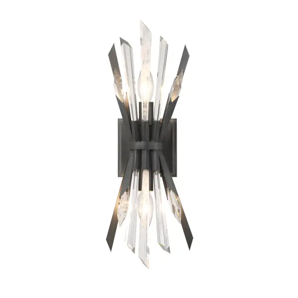 The Elsa wall sconce combines sparkling clear crystal with faux rock accents in a sophisticated Midnight Graphite finish. Its compact 18-inch height makes it perfect for flanking mirrors or creating ambient lighting in smaller spaces. - alternate view