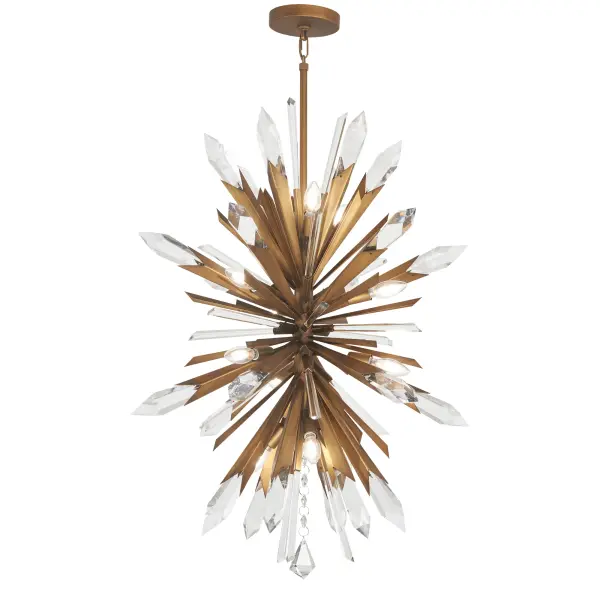 The Elsa 12-Light Pendant combines modern sophistication with Art Deco-inspired precisionist styling. Featuring hammered gold accents and crystal details, this substantial fixture delivers dramatic illumination perfect for grand spaces.