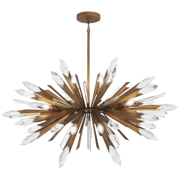 The Elsa pendant combines contemporary elegance with timeless glamour through its 12-light design, clear crystal accents, and painted majestic gold finish. At nearly 42 inches wide, this substantial fixture commands attention.