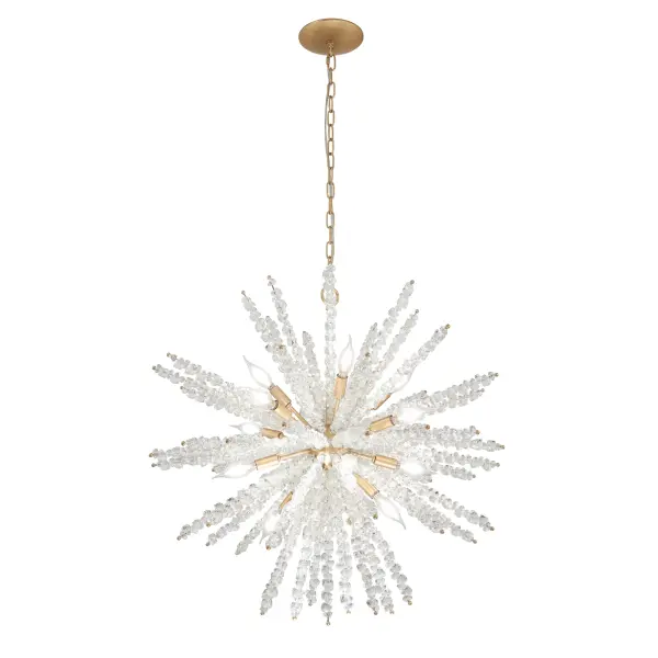 The Aisi pendant combines warm Fawn Gold metalwork with clear sea glass shades to create a sophisticated focal point. Its generous 28-inch scale and 12 candelabra lights deliver both dramatic presence and ample illumination.