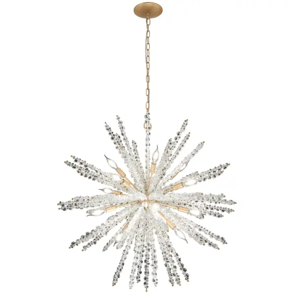 The Aisi pendant combines contemporary design with organic coastal charm through its clear sea glass shades and warm Fawn Gold finish. At 36 inches wide, this substantial fixture creates dramatic impact in large spaces.