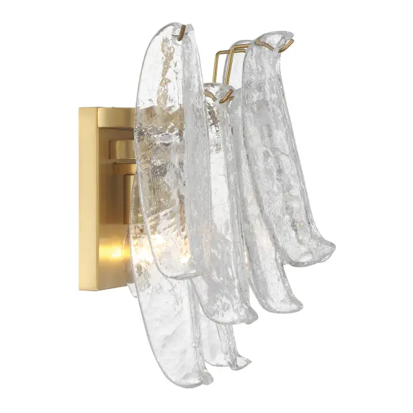 The Regent wall sconce combines warm Legacy Brass finish with unique clear crackled glass shades for sophisticated ambient lighting. Its compact 13-inch profile makes it ideal for bathrooms, hallways, and intimate spaces. - alternate view