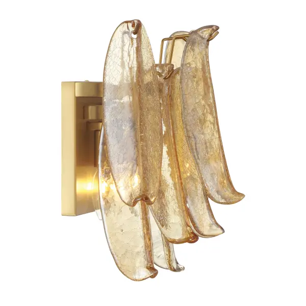 The Regent wall sconce combines classic brass finish with distinctive amber crackled glass for sophisticated ambient lighting. Its compact 13-inch profile makes it ideal for bathrooms, hallways, and intimate spaces. - alternate view