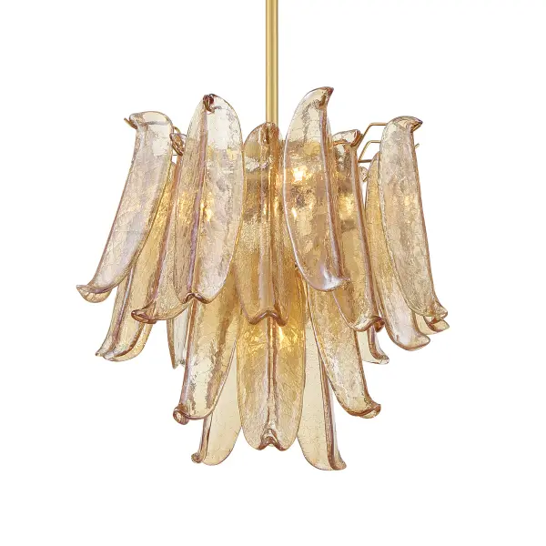 The Regent 4-Light Chandelier combines classic brass warmth with contemporary crackled amber glass for a sophisticated transitional look. At 17.75" wide, it's perfectly scaled for intimate dining spaces and smaller rooms.