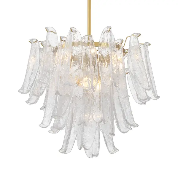The Regent chandelier combines classic elegance with contemporary flair through its Legacy Brass finish and distinctive crackled glass shades. With 9 lights providing ample illumination, this 23-inch fixture creates a sophisticated focal point.