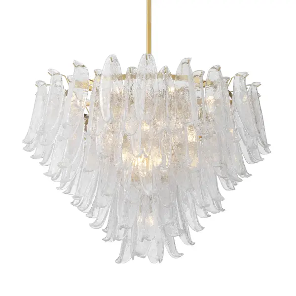 The Regent chandelier makes a bold architectural statement with 17 candelabra lights arranged in a dramatic 36.75-inch frame. Legacy brass finish paired with clear crackled glass creates sophisticated vintage appeal with modern sensibility.