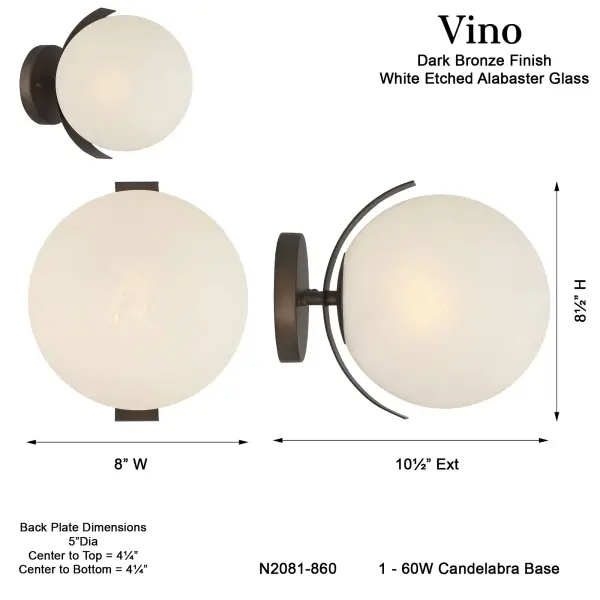 The Vino wall sconce delivers sophisticated lighting in a compact 8.5" profile. Dark bronze finish paired with etched alabaster glass creates warm, diffused illumination perfect for intimate spaces and hallways. - alternate view
