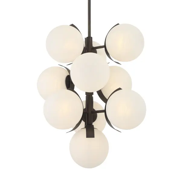 The Vino pendant combines classic elegance with contemporary sensibility. Ten candelabra bulbs behind etched alabaster glass create warm, diffused illumination perfect for dining spaces. Dark bronze finish adds sophistication.