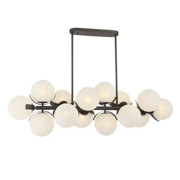The Vino island chandelier combines transitional elegance with practical illumination. Its 57-inch linear design and 14 lights provide exceptional coverage for large islands and dining tables, while etched alabaster glass shades create warm, diffused light.