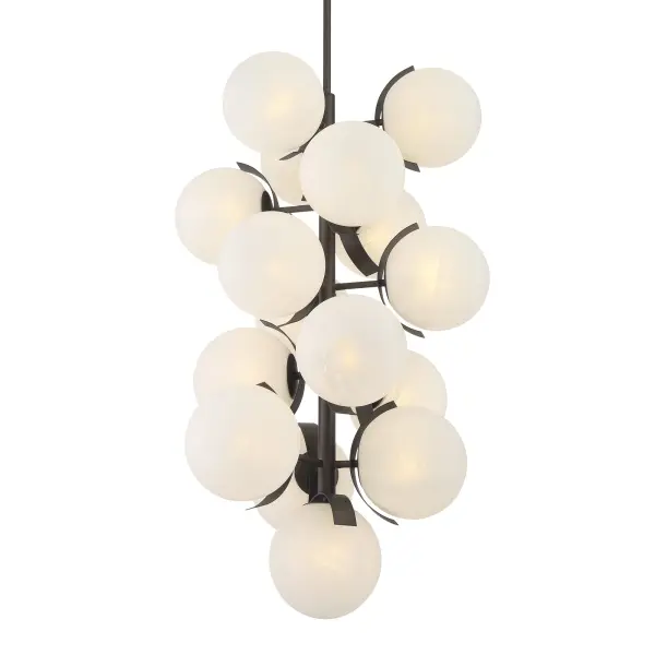 The Vino pendant delivers impressive scale and ambient lighting with 16 candelabra bulbs housed in etched alabaster glass shades. Its dark bronze finish and substantial 24.75-inch frame create a sophisticated focal point.