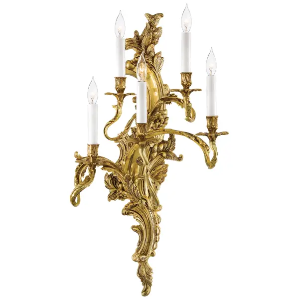 This substantial 5-light wall sconce brings European sophistication with its handcrafted Spanish construction and aged French gold finish. At nearly 29 inches tall, it makes a dramatic statement in grand spaces.
