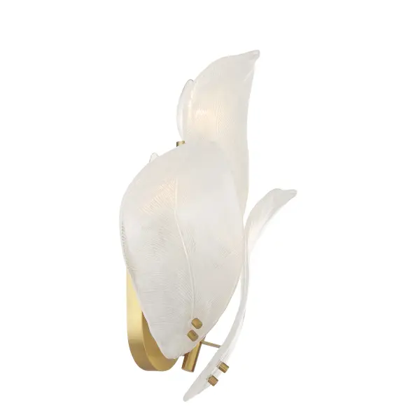 The Orchid wall sconce combines timeless brass finish with artisanal white glass shades, creating a sophisticated lighting solution. Its 18-inch height and three-light design provide ample illumination while maintaining an elegant profile. - alternate view