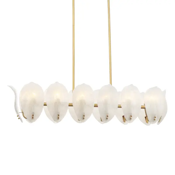 The Orchid 48" island chandelier combines transitional elegance with practical illumination. Fourteen handmade white glass shades paired with Legacy Brass finish create a sophisticated focal point perfect for kitchen islands and dining tables.