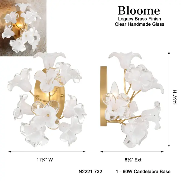 The Bloome wall sconce combines warm Legacy Brass finish with artisanal handmade glass for a refined transitional look. At 14.75" high, it's perfectly scaled for bathrooms, hallways, and intimate spaces. - alternate view