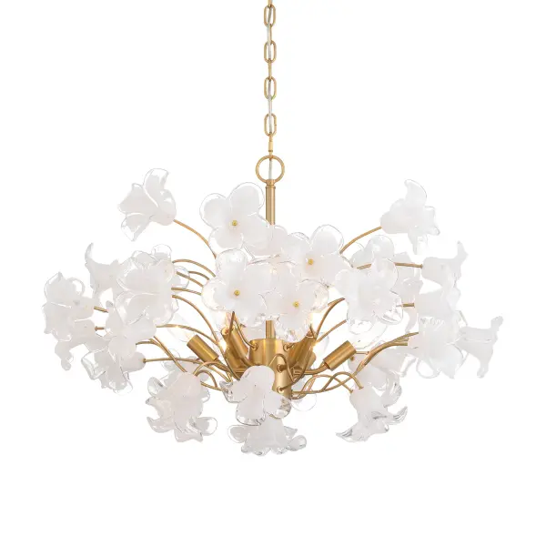 The Bloome chandelier combines warm Legacy Brass finish with handmade glass shades for sophisticated ambiance. At 29 inches wide, it's perfectly sized for medium dining rooms and entryways, offering dimmable lighting control.