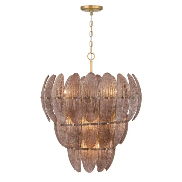 11-Light Pendant - Legacy Brass with Brown Textured Handmade Glass