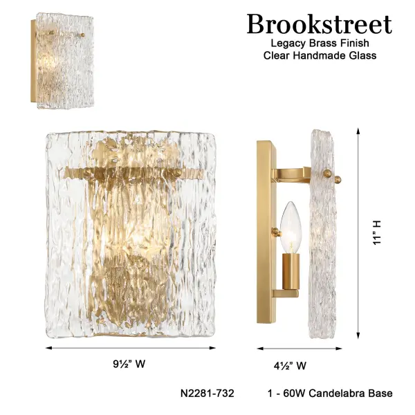 The Brookstreet wall sconce combines warm legacy brass finish with artisan handmade glass for a refined look. At 11" high, it's perfectly scaled for bathrooms, hallways, and intimate spaces requiring sophisticated accent lighting. - alternate view