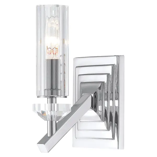The Fusano wall sconce combines contemporary sophistication with transitional versatility. Its polished nickel finish and Eidolon Krystal glass shade create refined ambient lighting perfect for bathrooms and hallways.