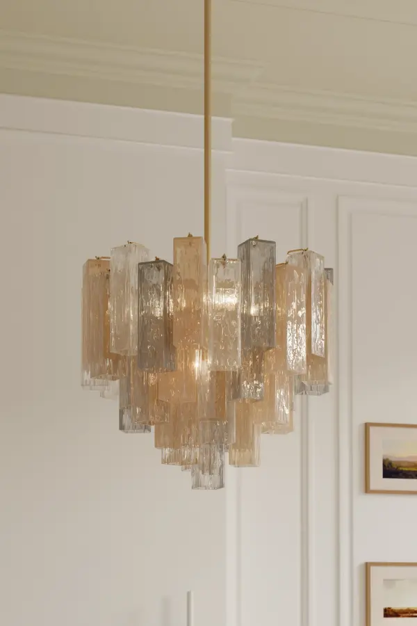 9-Light Pendant - Legacy Brass with Clear, Grey and Amber Handmade Glass - alternate view