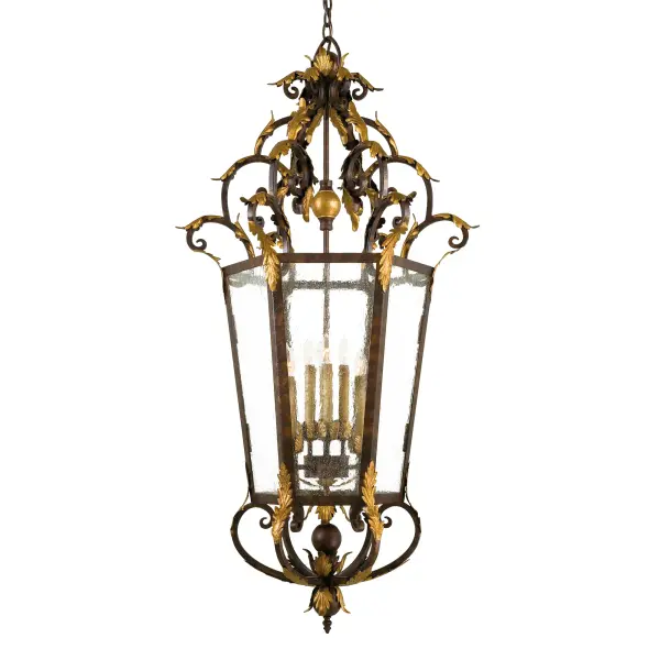 The Zaragoza 8-light foyer pendant brings Old World charm with its wrought iron frame in Golden Bronze finish and seeded glass panels. At over 4 feet tall and 26 inches wide, this substantial fixture commands attention in grand entryways.