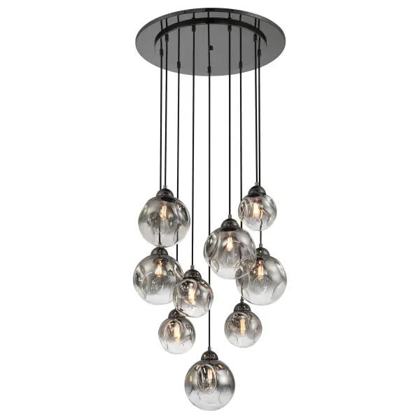 The Neveh 9-Light Pendant combines modern industrial design with sophisticated smoke grey glass shades. Its gun metal finish and generous 24-inch width create dramatic visual impact perfect for dining rooms and kitchen islands.