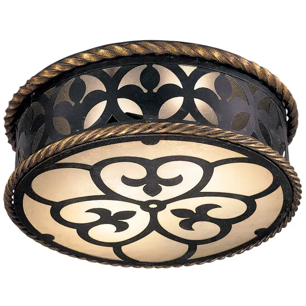 The Montparnasse flush mount brings Old World charm to low-ceiling spaces with its hand-applied French Black finish, gold leaf accents, and double scavo glass shades. Perfect for hallways, bedrooms, and intimate spaces.