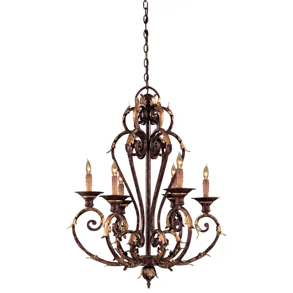 The Zaragoza 6-Light Chandelier brings timeless sophistication with its wrought iron frame and golden bronze finish. Perfect for traditional and transitional spaces, this medium-sized fixture provides ample illumination.