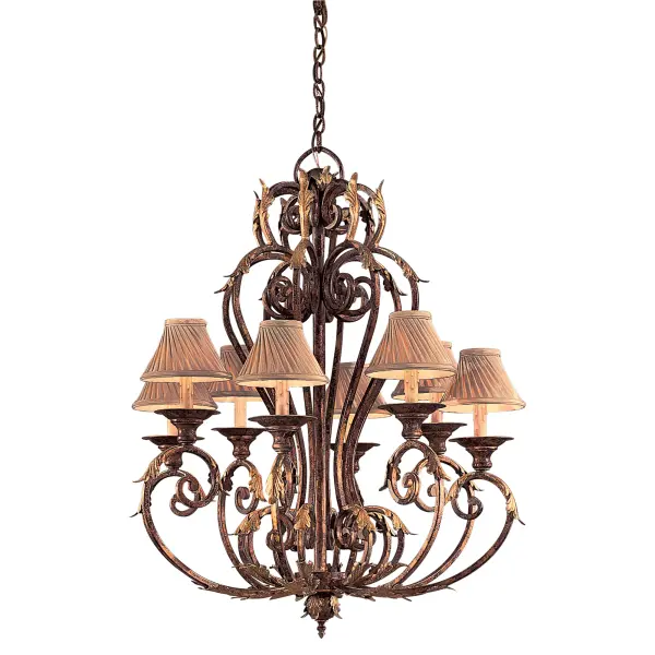 The Zaragoza 8-Light Chandelier brings Old World charm with its wrought iron frame and Golden Bronze finish. At 34 inches wide, this substantial fixture creates dramatic impact in dining rooms and foyers with traditional or transitional décor.