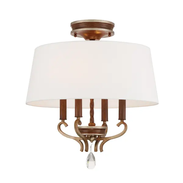 The Magnolia Manor semi-flush mount combines traditional elegance with practical design. Its pale gold and distressed bronze finish paired with crystal accents and a fabric shade creates a refined look perfect for lower ceilings.
