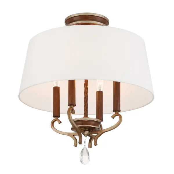 The Magnolia Manor semi-flush mount combines traditional elegance with practical design. Its pale gold and distressed bronze finish paired with crystal accents and a fabric shade creates a refined look perfect for lower ceilings. - alternate view