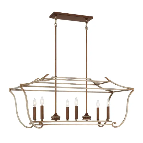 The Magnolia Manor brings timeless elegance to kitchen islands and dining spaces with its distinctive pale gold and distressed bronze finish. Six candelabra lights provide ample illumination while the traditional design adds sophisticated character.