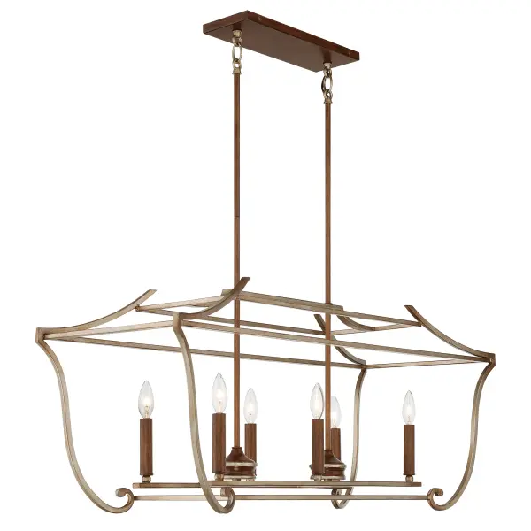The Magnolia Manor brings timeless elegance to kitchen islands and dining spaces with its distinctive pale gold and distressed bronze finish. Six candelabra lights provide ample illumination while the traditional design adds sophisticated character. - alternate view