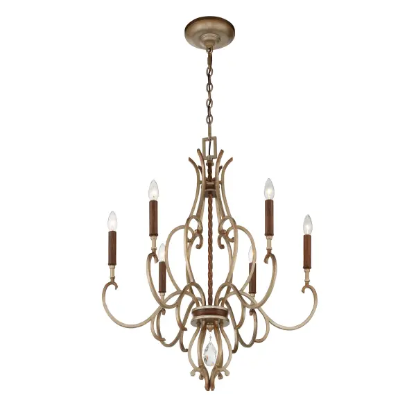 The Magnolia Manor chandelier combines pale gold and distressed bronze finishes with crystal accents for a sophisticated traditional look. Its 6-light candelabra design provides ample illumination while the 26.5-inch width makes it versatile for medium-sized spaces.