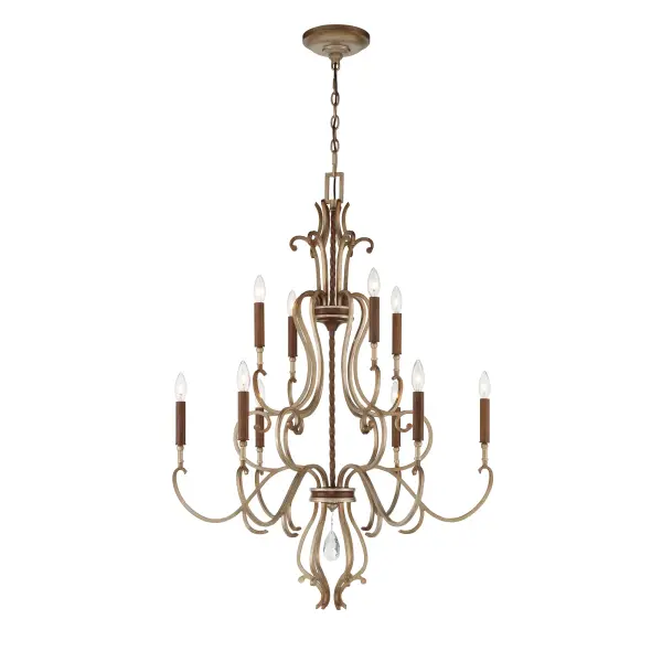 The Magnolia Manor chandelier combines old-world elegance with refined craftsmanship. Featuring 10 candelabra lights, pale gold finish with distressed bronze detailing, and crystal accents, this substantial fixture brings timeless sophistication to formal spaces.
