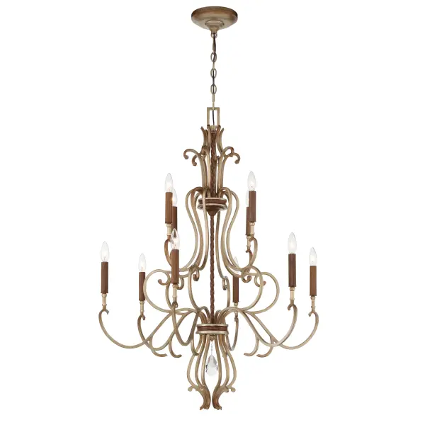 The Magnolia Manor chandelier combines old-world elegance with refined craftsmanship. Featuring 10 candelabra lights, pale gold finish with distressed bronze detailing, and crystal accents, this substantial fixture brings timeless sophistication to formal spaces. - alternate view