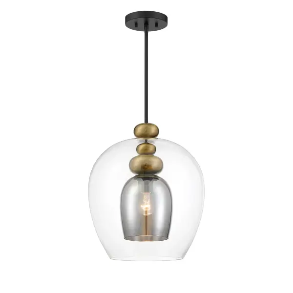 The Amesbury pendant combines industrial charm with modern sophistication through its unique coal and oxidized aged brass finish. The smoked gray glass shade adds depth while providing warm, diffused light perfect for intimate spaces.