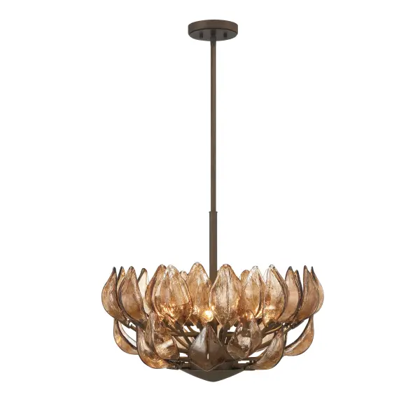 The Arboles 6-Light Pendant combines handcrafted amber glass shades with a sophisticated Heritage Bronze finish, creating a warm, inviting ambiance. Its 24-inch width makes it versatile for medium-sized spaces while the artisanal glass adds organic character.