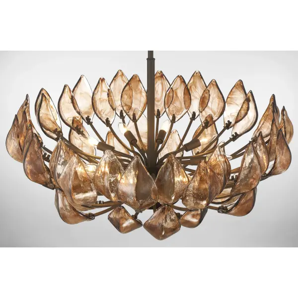 The Arboles pendant combines contemporary design with artisan craftsmanship, featuring eight handmade amber glass shades in a heritage bronze frame. Its substantial 32.75-inch width makes it perfect for large dining spaces and kitchen islands. - alternate view