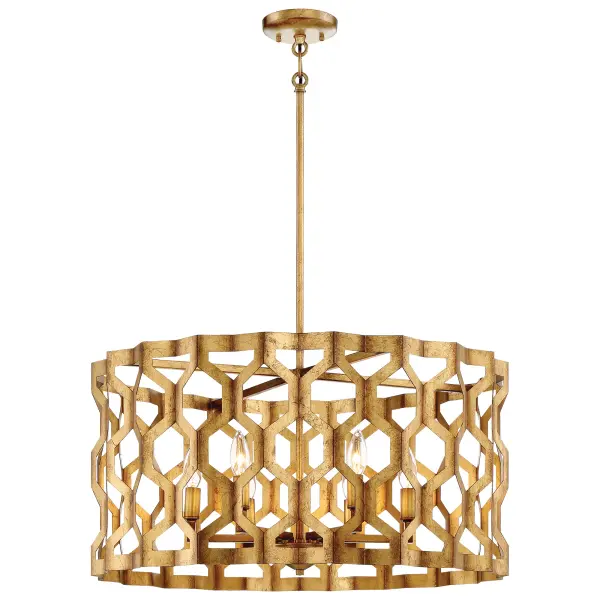 The Coronade brings sophisticated transitional style with its Pandora Gold Leaf finish and clean drum silhouette. Convertible design allows semi-flush or pendant mounting, making it adaptable to various ceiling heights.