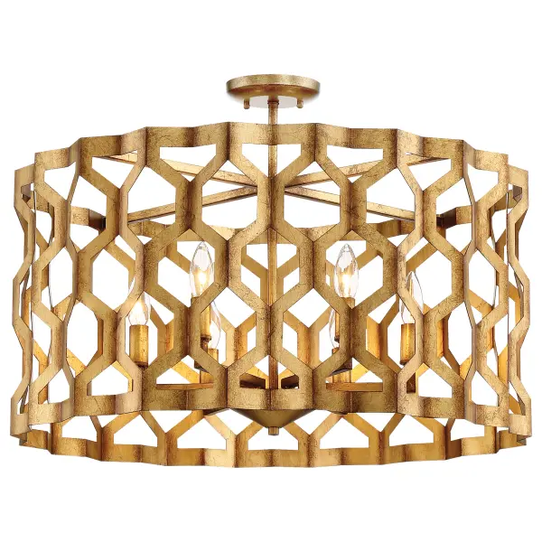The Coronade brings sophisticated transitional style with its Pandora Gold Leaf finish and clean drum silhouette. Convertible design allows semi-flush or pendant mounting, making it adaptable to various ceiling heights. - alternate view