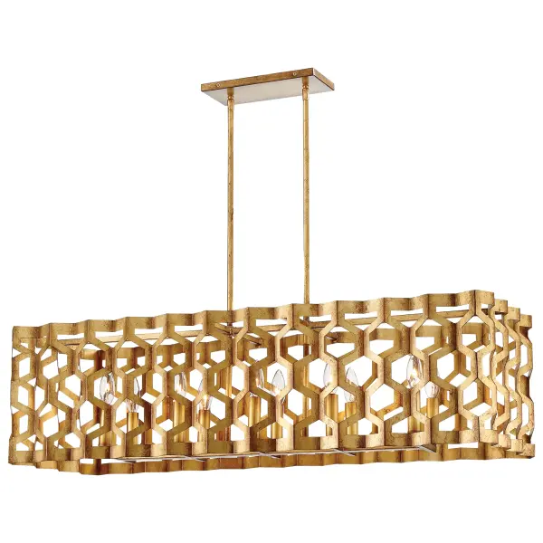 The Coronade 10-Light Island Chandelier brings sophisticated transitional style with its Pandora Gold Leaf finish. Perfect for kitchen islands and dining tables, this linear fixture provides ample illumination while making a stunning design statement.
